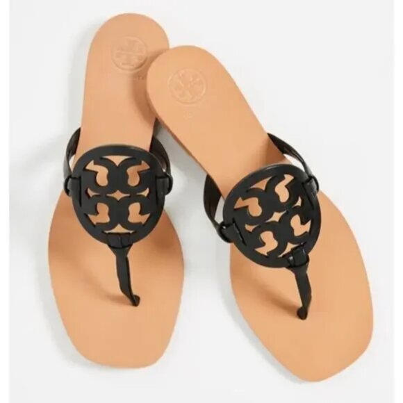 Tory Burch Knotted Miller Sandals Square Toe Flate Leather Thong Double T Logo - Picture 1 of 6